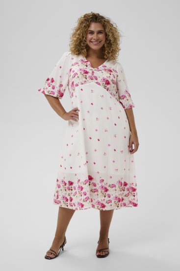 Kaffe Curve Rosa Midi Dress White Rose Border Flower - Obleke - Obleke za vse velikosti