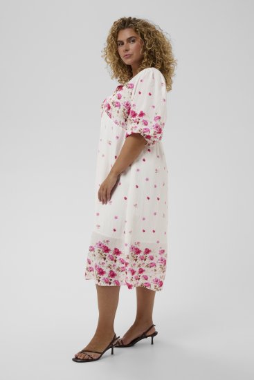 Kaffe Curve Rosa Midi Dress White Rose Border Flower - Obleke - Obleke za vse velikosti