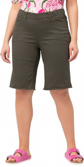 Ulla Popken Frayed Hemline Elastic Waistband Bermuda Shorts Loden Green - Kavbojke & Hlače v Velikih Številkah – Plus Size - 