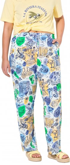 Ulla Popken Italy Print Elastic Waist Pants White - Kavbojke & Hlače v Velikih Številkah – Plus Size - 