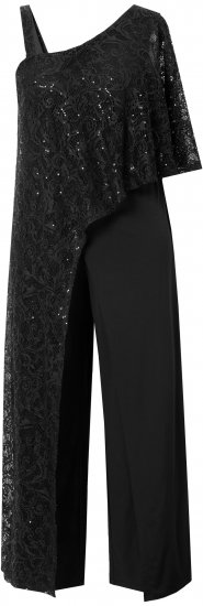 Ulla Popken Asymmetric Lace Panel Jumpsuit Black - Kavbojke & Hlače v Velikih Številkah – Plus Size - 