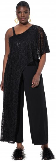 Ulla Popken Asymmetric Lace Panel Jumpsuit Black - Kavbojke & Hlače v Velikih Številkah – Plus Size - 