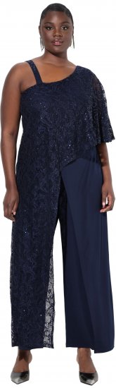 Ulla Popken Asymmetric Lace Panel Jumpsuit Navy - Kavbojke & Hlače v Velikih Številkah – Plus Size - 