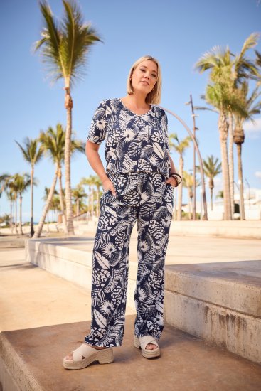 Ulla Popken Feather Print Elastic Waist Pants Blue - Kavbojke & Hlače v Velikih Številkah – Plus Size - 