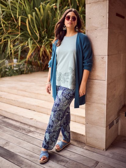 Ulla Popken Patchwork Paisley Elastic Waist Pants Blue - Kavbojke & Hlače v Velikih Številkah – Plus Size - 