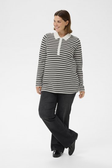 Kaffe Curve Miana Long Sleeve Polo Chalk with Black Stripe - Polo majice - 