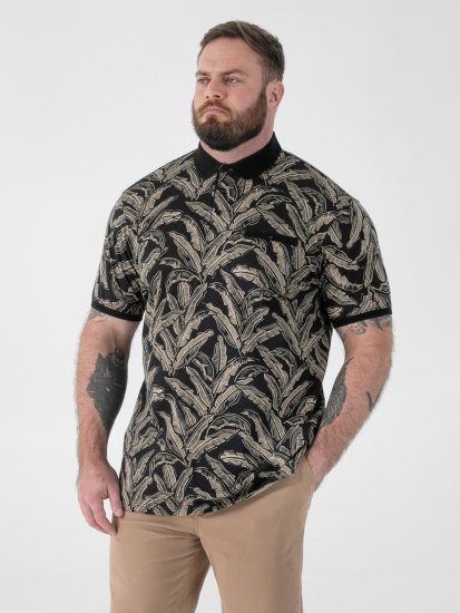 D555 Palmer Leaf Printed Jacquard Collar & Cuff Chest Pocket Polo Black - Polo majice - Moške Polo Majice za Močnejše Postave