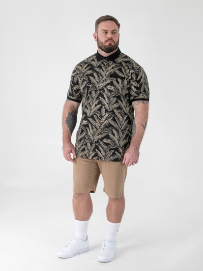 D555 Palmer Leaf Printed Jacquard Collar & Cuff Chest Pocket Polo Black - Polo majice - Moške Polo Majice za Močnejše Postave