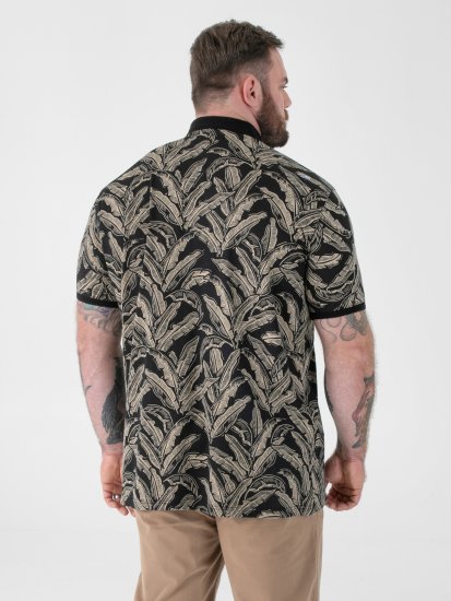 D555 Palmer Leaf Printed Jacquard Collar & Cuff Chest Pocket Polo Black - Polo majice - Moške Polo Majice za Močnejše Postave