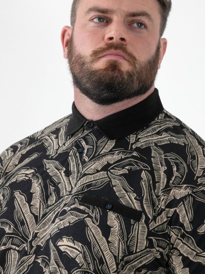 D555 Palmer Leaf Printed Jacquard Collar & Cuff Chest Pocket Polo Black - Polo majice - Moške Polo Majice za Močnejše Postave