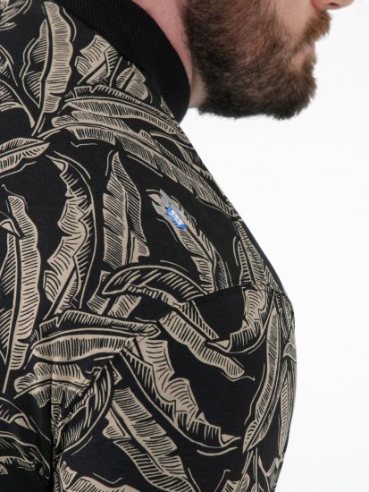 D555 Palmer Leaf Printed Jacquard Collar & Cuff Chest Pocket Polo Black - Polo majice - Moške Polo Majice za Močnejše Postave