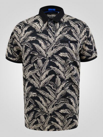 D555 Palmer Leaf Printed Jacquard Collar & Cuff Chest Pocket Polo Black - Polo majice - Moške Polo Majice za Močnejše Postave