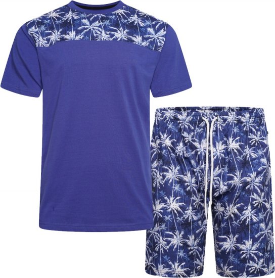 Kam Jeans 5002 Palm Tree Panel Tee And Short Set Electric Blue - Kratke Majice - Moške kratke majice za močnejše postave