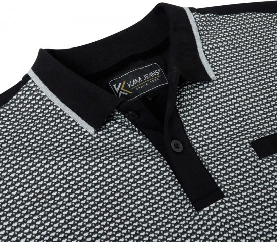 Kam Jeans 5518 Smart Mini Geo-Print Polo Black - Polo majice - Moške Polo Majice za Močnejše Postave