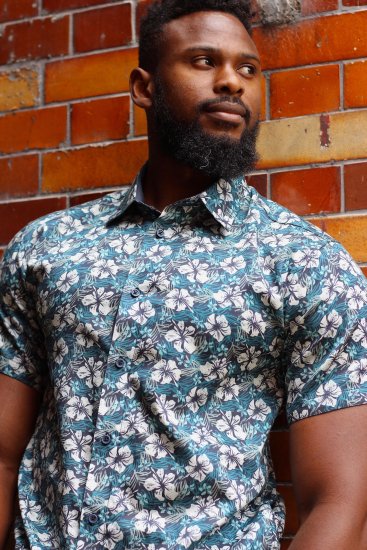 Kam Jeans 6061 Hibiscus Floral Print Short Sleeve Shirt Midnight Blue - Srajce - Moške srajce za Močnejše Postave