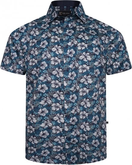 Kam Jeans 6061 Hibiscus Floral Print Short Sleeve Shirt Midnight Blue - Srajce - Moške srajce za Močnejše Postave
