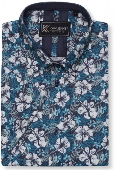 Kam Jeans 6061 Hibiscus Floral Print Short Sleeve Shirt Midnight Blue - Srajce - Moške srajce za Močnejše Postave