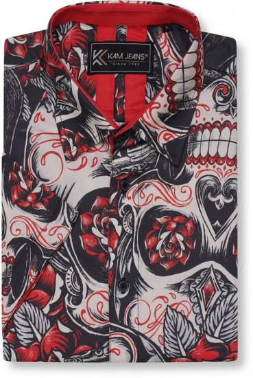 Kam Jeans 6062 Skull And Roses Print Short Sleeve Shirt Black - Srajce - Moške srajce za Močnejše Postave