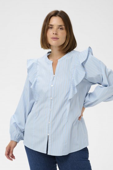 Kaffe Curve Lenia Flounce Shirt Powder Blue Stripe - Bluzne srajce - 