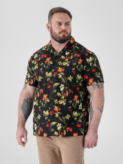 D555 Gordon Hawaiian AOP Cuvan Collar Resort Short Sleeve Black - Srajce - Moške srajce za Močnejše Postave