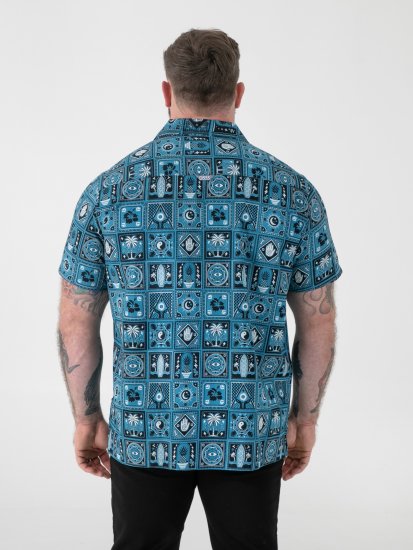 D555 Hawkins Printed Cuban Collar Resort Short Sleeve Shirt Teal - Srajce - Moške srajce za Močnejše Postave