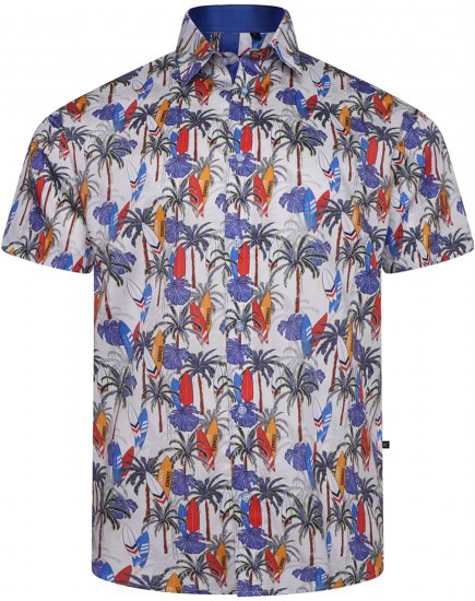Kam Jeans 6060 Palm Tree and Surf Boards Short Sleeve Shirt White - Srajce - Moške srajce za Močnejše Postave