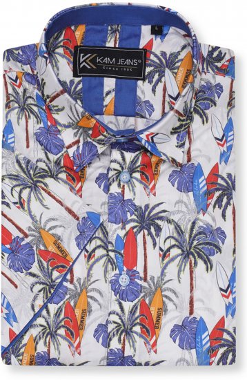 Kam Jeans 6060 Palm Tree and Surf Boards Short Sleeve Shirt White - Srajce - Moške srajce za Močnejše Postave