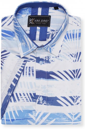 Kam Jeans 6065 Faded Leaf Short Sleeve Shirt Blue - Srajce - Moške srajce za Močnejše Postave