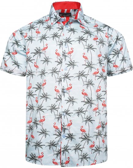 Kam Jeans 6067 Flamingo and Palm Tree Short Sleeve Shirt Blue - Srajce - Moške srajce za Močnejše Postave