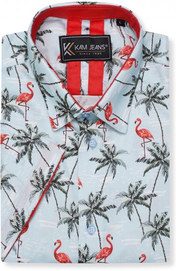 Kam Jeans 6067 Flamingo and Palm Tree Short Sleeve Shirt Blue - Srajce - Moške srajce za Močnejše Postave