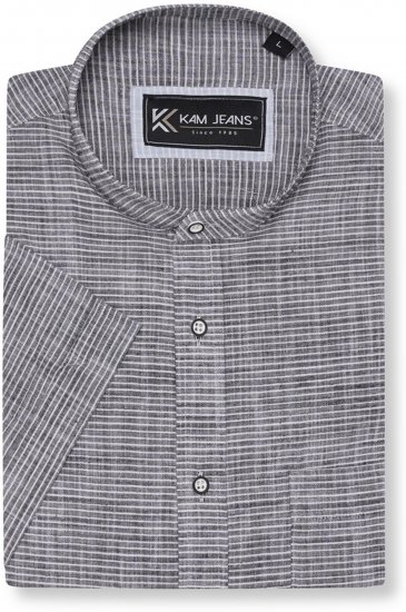 Kam Jeans 6334 Striped Grandad Short Sleeve Shirt Charcoal - Srajce - Moške srajce za Močnejše Postave
