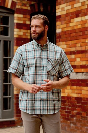 Kam Jeans 6339 Checked Short Sleeve Shirt Mineral Blue - Srajce - Moške srajce za Močnejše Postave