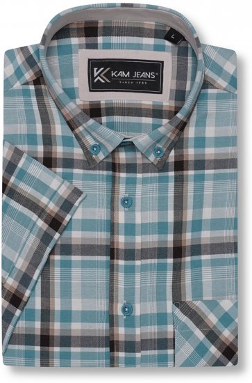 Kam Jeans 6339 Checked Short Sleeve Shirt Mineral Blue - Srajce - Moške srajce za Močnejše Postave