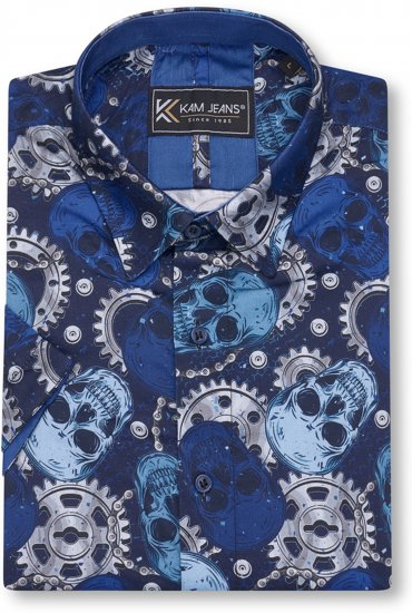 Kam Jeans 6070 Retro Skull Short Sleeve Shirt Navy - Srajce - Moške srajce za Močnejše Postave