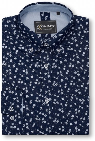 Kam Jeans 6364 All Over Floral Print Long Sleeve Shirt Navy - Srajce - Moške srajce za Močnejše Postave