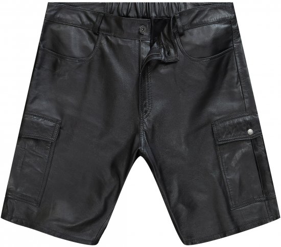 JP1880 Leather Shorts Cargo Pockets Lamb Nappa Leather Black - Kratke hlače - Moške Kratke Hlače za Močnejše Postave