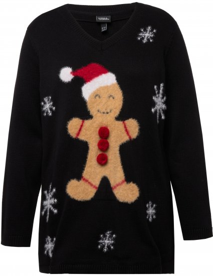 Ulla Popken Gingerbread Man Christmas Sweater Black - Puloverji & jopice - 