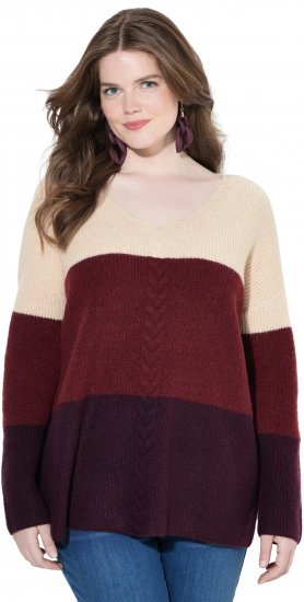 Ulla Popken Cable Knit Block Stripe V-Neck Sweater Dark Ruby - Puloverji & jopice - 