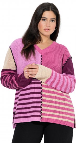 Ulla Popken Patchwork Striped Long Sleeve V-Neck Sweater Raspberry - Puloverji & jopice - 