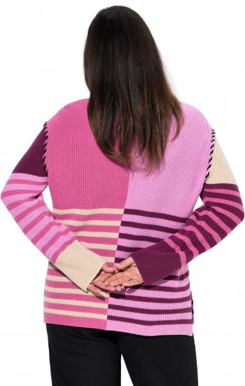 Ulla Popken Patchwork Striped Long Sleeve V-Neck Sweater Raspberry - Puloverji & jopice - 