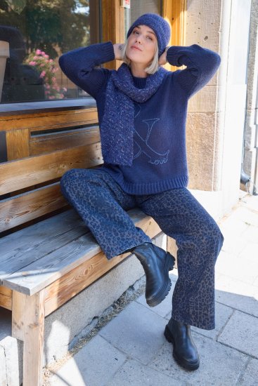Ulla Popken Textured Glitter Embroidery Oversized Sweater Ink Blue - Puloverji & jopice - 