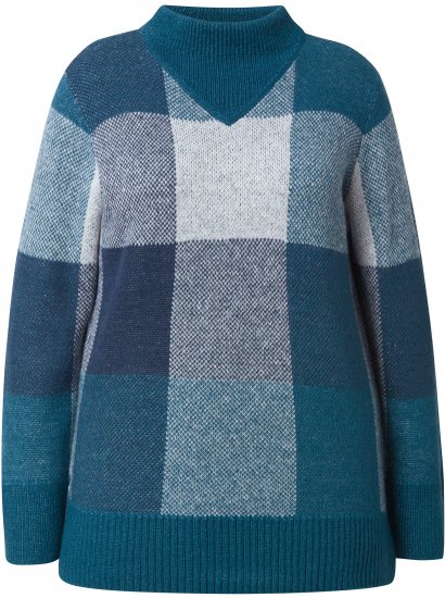 Ulla Popken Grand Check Long Sleeve Sweater Teal - Puloverji & jopice - 