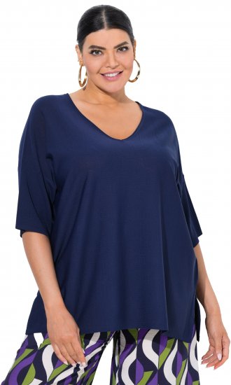 Ulla Popken Oversized 3/4 Sleeve V-Neck Sweater Navy - Puloverji & jopice - 