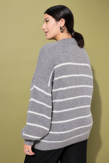 Ulla Popken Oversized Striped Balloon Sleeve Sweater Grey Melange - Puloverji & jopice - 