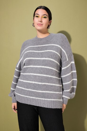 Ulla Popken Oversized Striped Balloon Sleeve Sweater Grey Melange - Puloverji & jopice - 