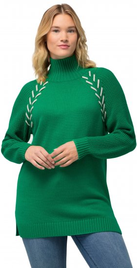 Ulla Popken Contrast Braid Turtleneck Sweater Emerald Green - Puloverji & jopice - 