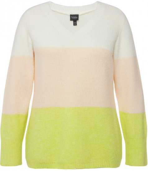 Ulla Popken Block Stripe Long Sleeve V-Neck Sweater Lime Green - Puloverji & jopice - 