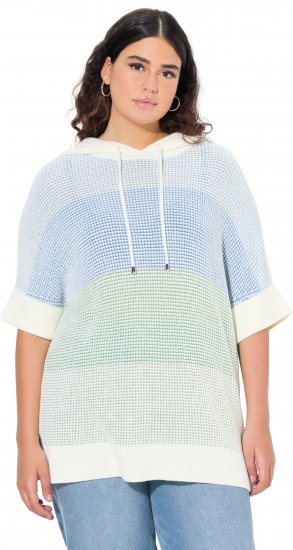 Ulla Popken Block Stripe Hooded Short Sleeve Sweater Mint Green - Puloverji & jopice - 