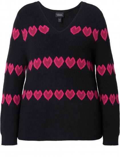 Ulla Popken Heart Print Long Sleeve V-Neck Sweater Black - Puloverji & jopice - 