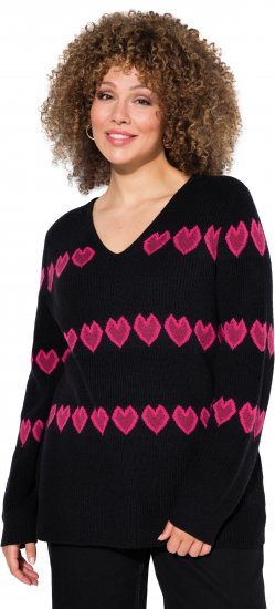 Ulla Popken Heart Print Long Sleeve V-Neck Sweater Black - Puloverji & jopice - 
